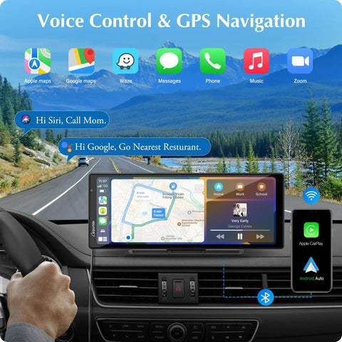 Slick Wireless CarPlay And Android Auto Dash Cam System in a car with 9.3-inch HD IPS screen displaying GPS navigation and apps