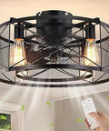 20 Inch Caged Ceiling Fan With Light In Black, Industrial Enclosed Flush Mount With Remote, 3 Speeds shown in room setting