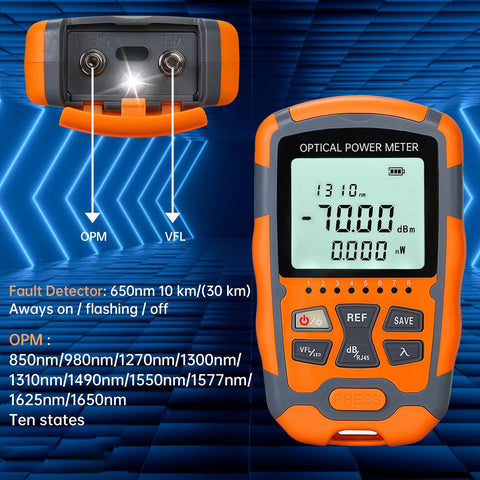 Duogalia handheld fiber optic tester with optical power meter and built-in VFL, orange/gray housing and LCD display