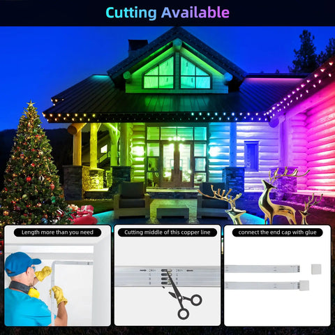100ft Outdoor LED Strip Lights Waterproof IP67 RGB Color Changing house scene with cutting instructions