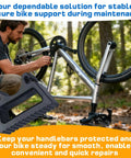 Man using Three Pack Bike Handlebar Stand With Quick Release Brackets And Six Silicone Straps For 29 To 34mm Grips Inverted Parking Clip On Support For MTB Road And E Bike Dope Setup Maintenance And Repairs with bike outdoors enjoying maintenance support functionality.