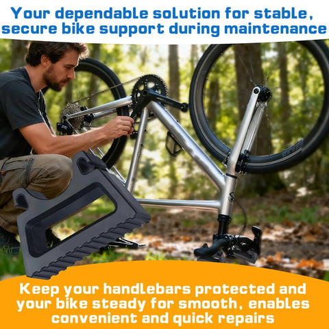 Man using Three Pack Bike Handlebar Stand With Quick Release Brackets And Six Silicone Straps For 29 To 34mm Grips Inverted Parking Clip On Support For MTB Road And E Bike Dope Setup Maintenance And Repairs with bike outdoors enjoying maintenance support functionality.