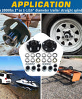 Collage showing Two Sets 5 On 4.5 Inch Trailer Hub Kit For 2000 Lbs Axles Fits 1 In Or 1-1/16 In Straight Spindles 5 Lug 4-1/2 Inch Circle Idler Hub With Extra Dust Cap And Rubber Plug, application on trailers.