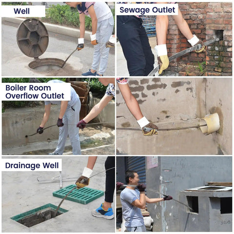 Heavy Duty Manganese Steel Drain Snake With Tough Impact Head And Storage Rack for clearing outdoor drainage and sewer clogs.