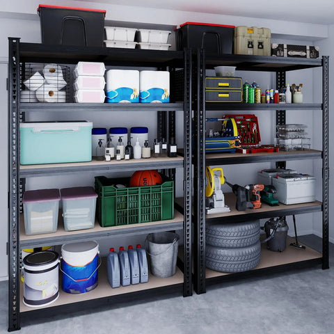 Beefy 78 Inch Heavy Duty Garage Storage Shelves With 2200 Lbs Capacity, Steel Shelving Unit For Basement, Warehouse, Pantry And Kitchen, 78 H X 40 W X 16 D Metal Shelves For Maximum Vertical Storage, black steel shelves in garage with stored bins and tools
