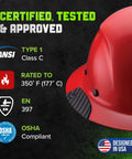 Dax Fiber Resin Full Brim Safety Helmet With Six Point Suspension For All Day Comfort And Serious Impact Protection Moisture Wicking EVA Foam Inserts For Sweat Control Lightweight Red Work Gear, certifications and temperature rating visible