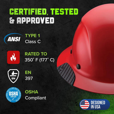Dax Fiber Resin Full Brim Safety Helmet With Six Point Suspension For All Day Comfort And Serious Impact Protection Moisture Wicking EVA Foam Inserts For Sweat Control Lightweight Red Work Gear, certifications and temperature rating visible
