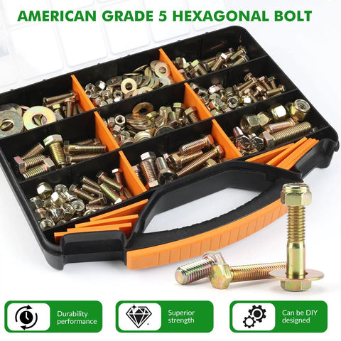 Pro Grade 5 Zinc Hex Bolts With Nylon Lock Nuts And Large Flat Washers in storage kit, showcasing various sizes and styles.