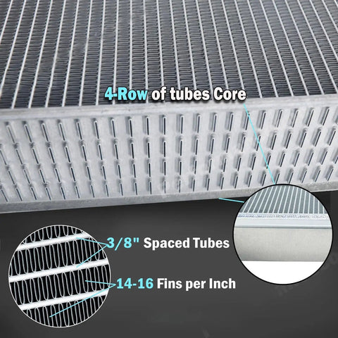 Close-up of 4-Core Radiator Replacement For Farm Tractor Aluminum Cooling Heavy Duty Upgrade with detailed fin spacing.