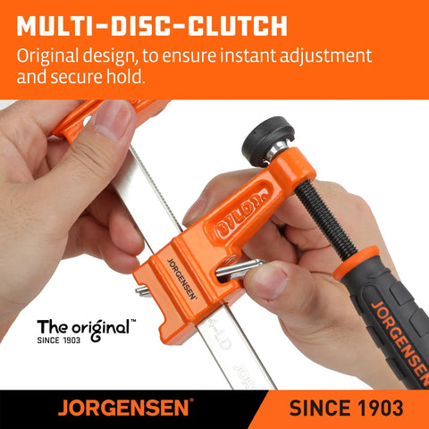 Hands using Jorgensen F-clamp with multi-disc clutch for woodworking, featuring 6 Inch Bar Clamp Set 4 Pack Steel F Clamp Light Duty 300 Lbs Load Capacity