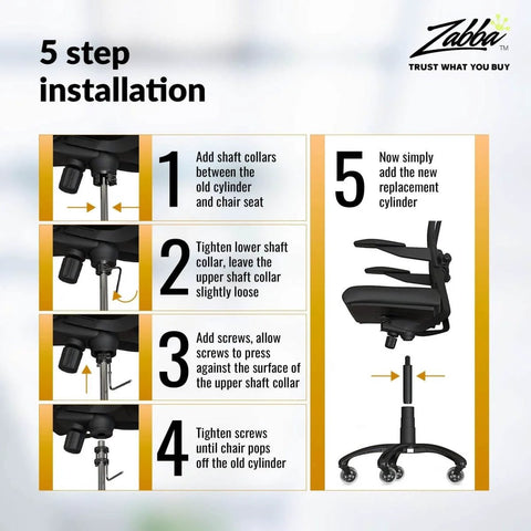 5 step installation guide for Heavy Duty Class 4 Gas Cylinder Replacement Kit For Desk And Gaming Chairs With Universal Fit