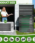 63 Inch High Black Privacy Screen For AC Units And Trash Cans, shown with measurements and components in a yard setting.