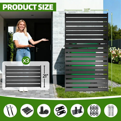 63 Inch High Black Privacy Screen For AC Units And Trash Cans, shown with measurements and components in a yard setting.