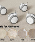 Lockable Stem Caster Wheels Set Of 4, 2.5 Inch White Swivel Casters With M8 Metric Threads on carpet, safe for all floors