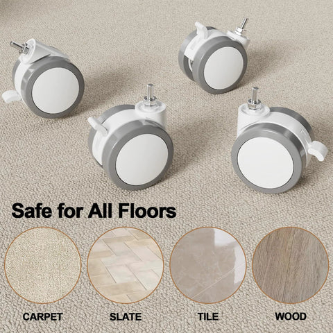 Lockable Stem Caster Wheels Set Of 4, 2.5 Inch White Swivel Casters With M8 Metric Threads on carpet, safe for all floors