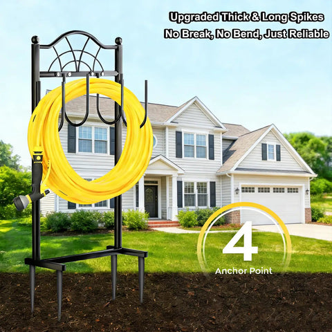 Heavy Duty Freestanding Garden Hose Holder With Four Prongs A Real Workhorse Metal Hose Reel Stand That Holds Up To 100 Feet Of Hose Great For Outdoor Yards And Lawns Black with yellow hose in front of a house