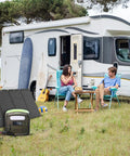 People relaxing by RV with solar kit, showing 6-In-1 Solar Connector Kit with Female and Male Connectors alongside panels.