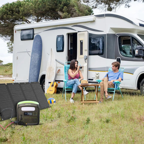 People relaxing by RV with solar kit, showing 6-In-1 Solar Connector Kit with Female and Male Connectors alongside panels.