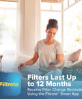 Person using smartphone with Filtrete app in bright room, Filtrete 16x25x4 Refillable Air Filter replacement info displayed.