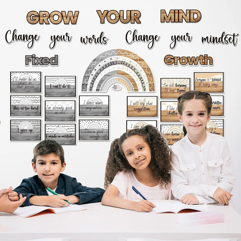 29 Piece Growth Mindset Poster Set With Adhesive Dots Industrial Classroom Bulletin Board Decor. Kids engaged with motivational posters.