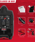 Portable Inverter Generator 2300W For RVs Camping Tailgating And Home Backup Quiet 52 dB EPA CARB Compliant 80cc OHV Engine Lightweight Ultra Portable Power For Outdoors And Home Use with included accessories like manual, oil, tool kit, RV adaptor, and cables.