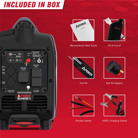 Portable Inverter Generator 2300W For RVs Camping Tailgating And Home Backup Quiet 52 dB EPA CARB Compliant 80cc OHV Engine Lightweight Ultra Portable Power For Outdoors And Home Use with included accessories like manual, oil, tool kit, RV adaptor, and cables.