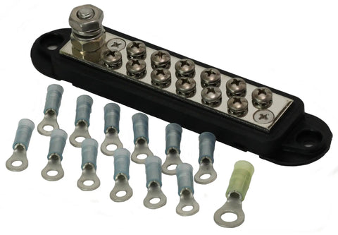 12 Terminal Ground Distribution Block Kit With One Quarter Inch Stud Nickel Plated Bus Bar And Twelve Stainless Steel Terminal Screws Plus Premium Nylon Insulated Ring Terminals display.