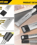 4 Piece Wood Chisel Set For Woodworking With CR-V Steel Beveled Edge Blades, Safety Caps, And A Durable PVC High Impact Handle For Pro Grade Precision Carving And DIY Projects In 1/4, 1/2, 3/4, 1 Inch shown with plastic sleeve and drop forged CR-V steel blade.