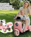Adult with child on 12V Two-Seater Ride On Motorcycle for Kids - 3-Wheel Electric Motorbike with Dual 25W Motors, Bluetooth Music, Pink