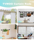 TVWOO curtain rods in various settings, including outdoor patio and living room, showcasing versatility in home decor.