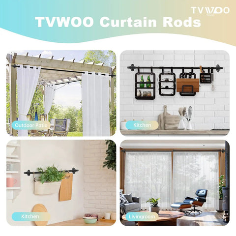 TVWOO curtain rods in various settings, including outdoor patio and living room, showcasing versatility in home decor.