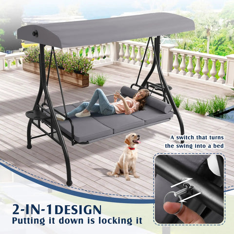 Outdoor Three Seat Porch Swing With Canopy And Stand Convertible 2 In 1 Bed Cup Holder Pillow Cushions Grey Patio Swing