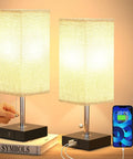 Set Of 2 USB Nightstand Lamps With Grey Fabric Shade Small Table Lamps Featuring Built In 5 Volt 2 Amp USB Ports And Charging Devices