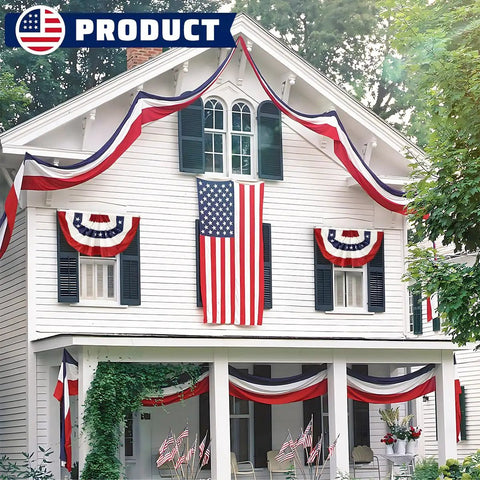 House with Patriotic Bunting US Flag Decorations 2 Pack 2x20 Ft Red White Blue Banner For Outdoor Porch Garden Celebrate Memorial Day Veterans Day