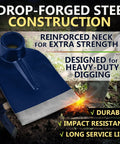 Grub Hoe Head 1.6 Lb Heavy Duty Garden Tool With Four And A Half Inch Blade Width And One And Three Quarter Inch Hole For Tough Soil Landscaping Or Yard Work Steel Construction No Handle Included shown in use on soil, highlighted features include reinforced neck and impact resistance.