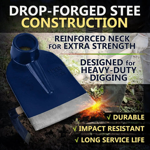 Grub Hoe Head 1.6 Lb Heavy Duty Garden Tool With Four And A Half Inch Blade Width And One And Three Quarter Inch Hole For Tough Soil Landscaping Or Yard Work Steel Construction No Handle Included shown in use on soil, highlighted features include reinforced neck and impact resistance.