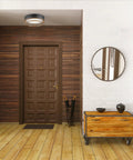 One Light Integrated LED Flush Mount Ceiling Light For Indoor And Outdoor Use, Matte Black Finish With Faux Wood Accent