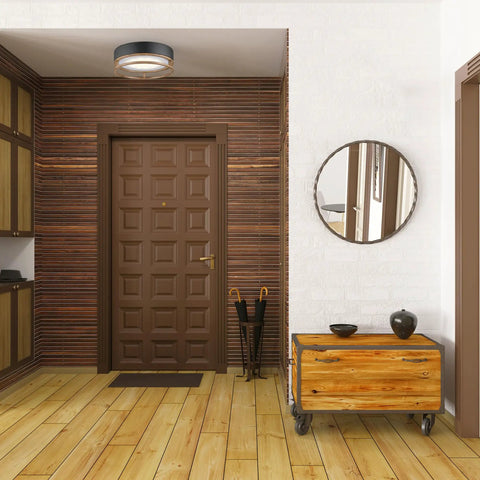 One Light Integrated LED Flush Mount Ceiling Light For Indoor And Outdoor Use, Matte Black Finish With Faux Wood Accent