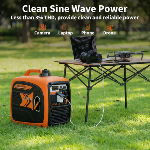 4500-Watts Portable Inverter Generator For Home, Camping And RV Use, shown powering devices on a table outdoors
