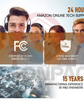 Support team with headsets and text highlighting FCC certification, 3-year warranty, 15 years manufacturing experience, and tech support.