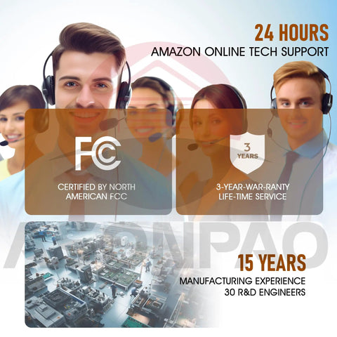 Support team with headsets and text highlighting FCC certification, 3-year warranty, 15 years manufacturing experience, and tech support.