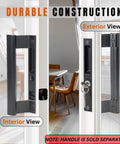 Sliding Glass Door Handle Replacement Kit, 6-5/8 In, Black, Keyed, Reversible For Left Or Right Handed Doors, Ergonomic Grip Design For Smooth Operation, Includes Red Indicator To Show When Door Is Closed, shown with interior and exterior views.