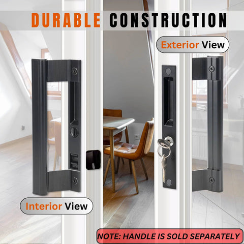 Sliding Glass Door Handle Replacement Kit, 6-5/8 In, Black, Keyed, Reversible For Left Or Right Handed Doors, Ergonomic Grip Design For Smooth Operation, Includes Red Indicator To Show When Door Is Closed, shown with interior and exterior views.