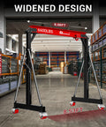 3 Ton Portable Gantry Crane With 8.53 Ft Wide Span, Adjustable 8.53-12.47 Ft Height, Heavy Duty Shop Lift Hoist With Manual Trolley, Red, Ideal For Auto Shops, Garages, And Light Industrial Use in a warehouse setting.