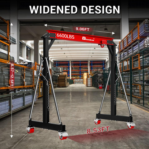 3 Ton Portable Gantry Crane With 8.53 Ft Wide Span, Adjustable 8.53-12.47 Ft Height, Heavy Duty Shop Lift Hoist With Manual Trolley, Red, Ideal For Auto Shops, Garages, And Light Industrial Use in a warehouse setting.