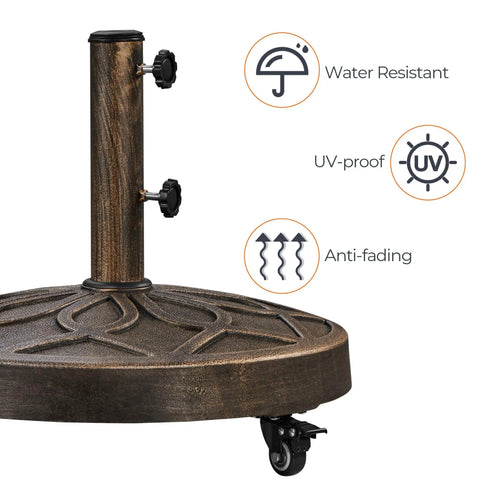 Heavy Duty Round Umbrella Base With Four Lockable Wheels And Two Knobs Antiqued Bronze Outdoor Stand For 20 Inch Market Patio Umbrellas water resistant