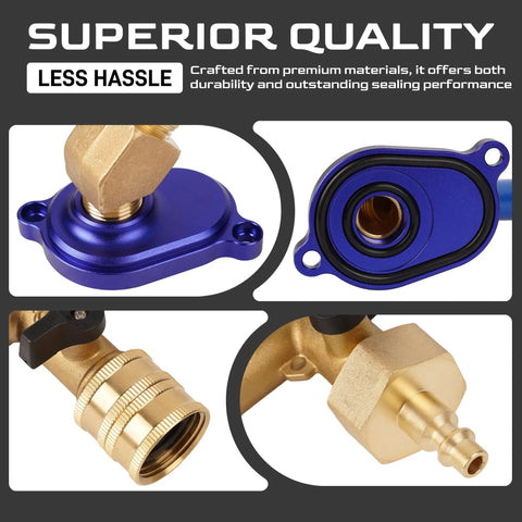 6.0L Oil Cooler Flush Kit with T Port and anodized aluminum adapter close-ups