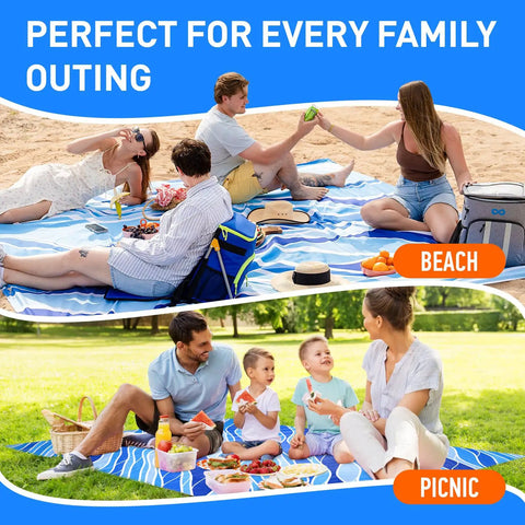 Families enjoying outdoors on a blue Waterproof Beach Blanket Sandproof 128 By 108 Inch Big Ol Portable Picnic Mat Fits Up To 10 People.