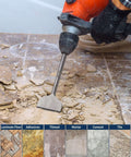 Firecore SDS Plus tile removal chisel bit, 3 in wide by 10 in long, alloy steel, mounted on rotary hammer drill