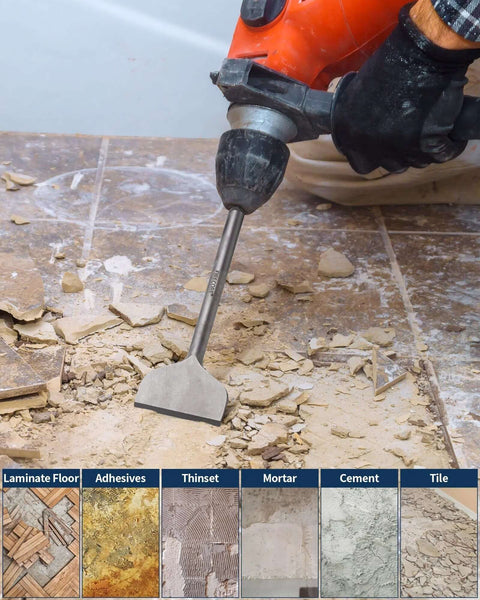 Firecore SDS Plus tile removal chisel bit, 3 in wide by 10 in long, alloy steel, mounted on rotary hammer drill